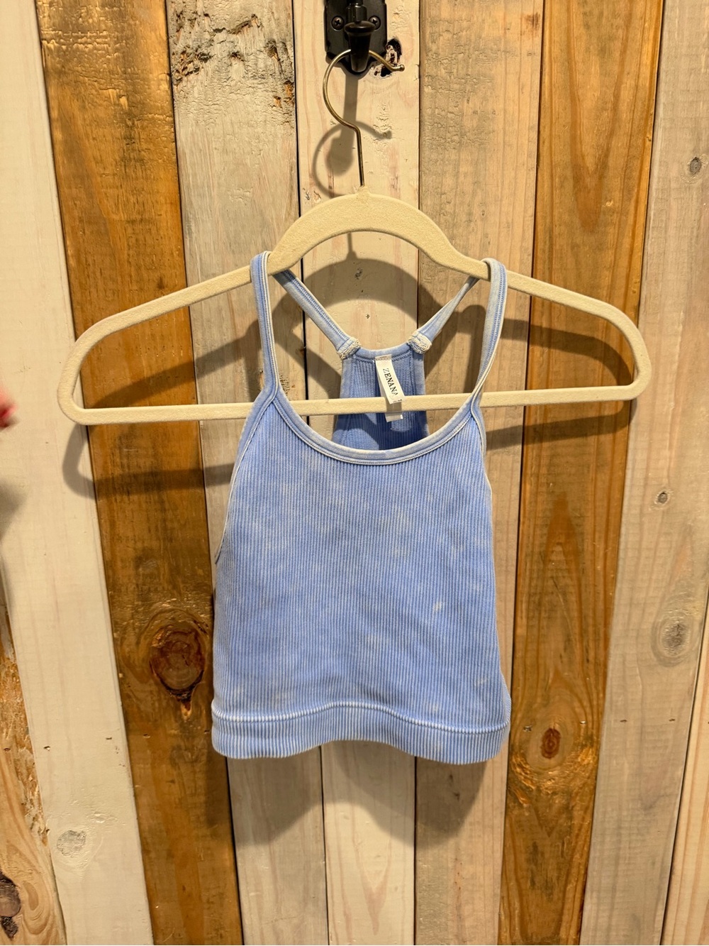 Zenana Ribbed/ Padded Racerback Bralette Brami Womens S/M Light Blue Acid Wash